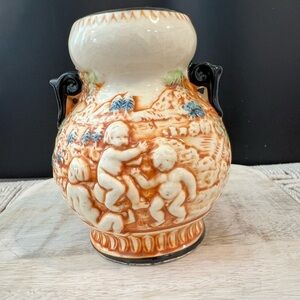 Vintage Majolica Ceramic Vase with 3 D  Cherub Design Vase